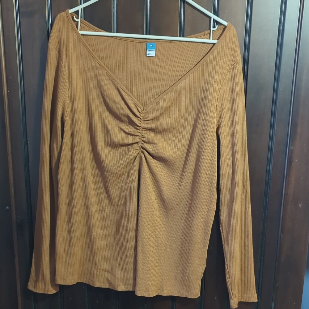Old Navy Women's 3X Caramel Earth Tone Long Sleeve Vneck Top Ruched Front